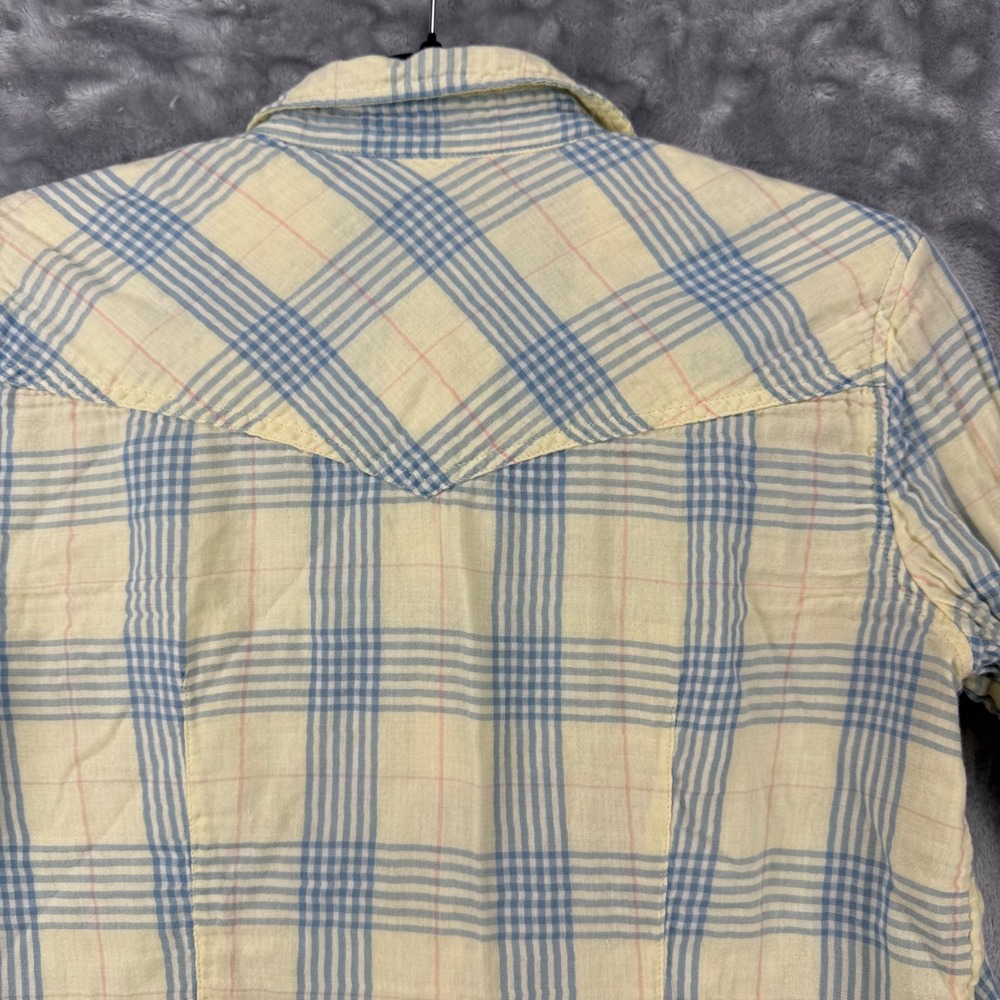American Eagle Womens Plaid Snap Front Western Gauze Shirt Yellow Blue Size 10 - Picture 11 of 15
